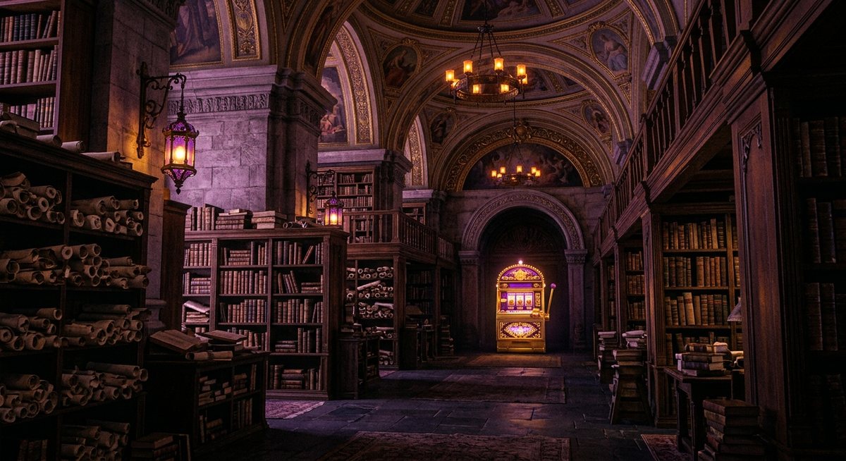 Perpustakaan istana kuno dengan rak kitab dan gulungan kuno, satu mesin slot emas menyala di ujung ruangan